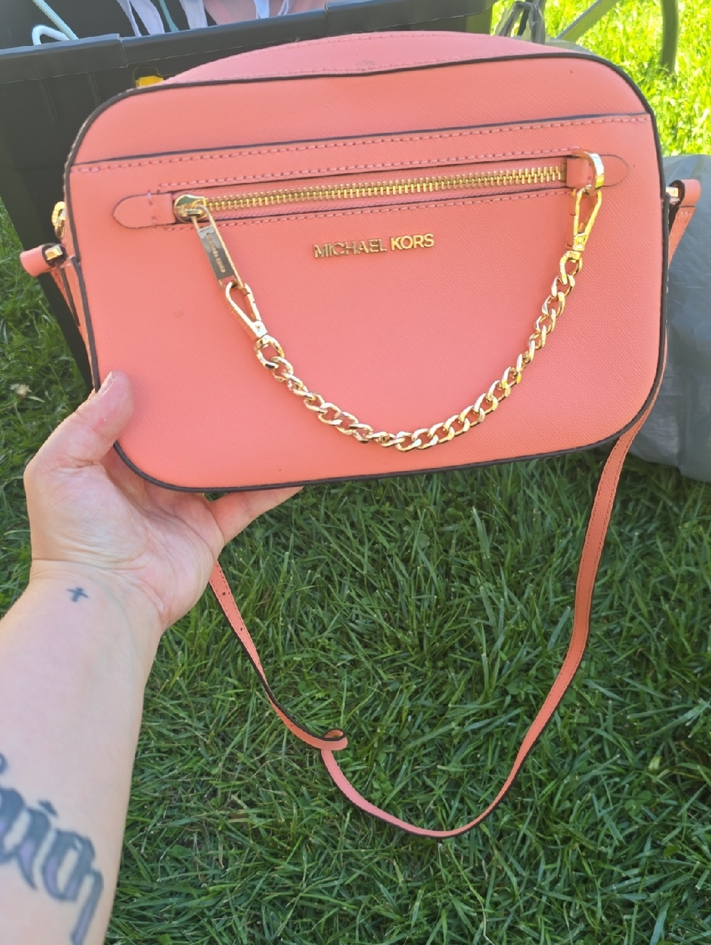 Michael Kors Coral-Peach Crossbody with Gold Chain Accent